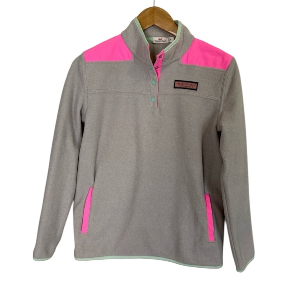 Vineyard Vines Fleece Quarter Snap Pullover Gray Pink Green Girls Size XL